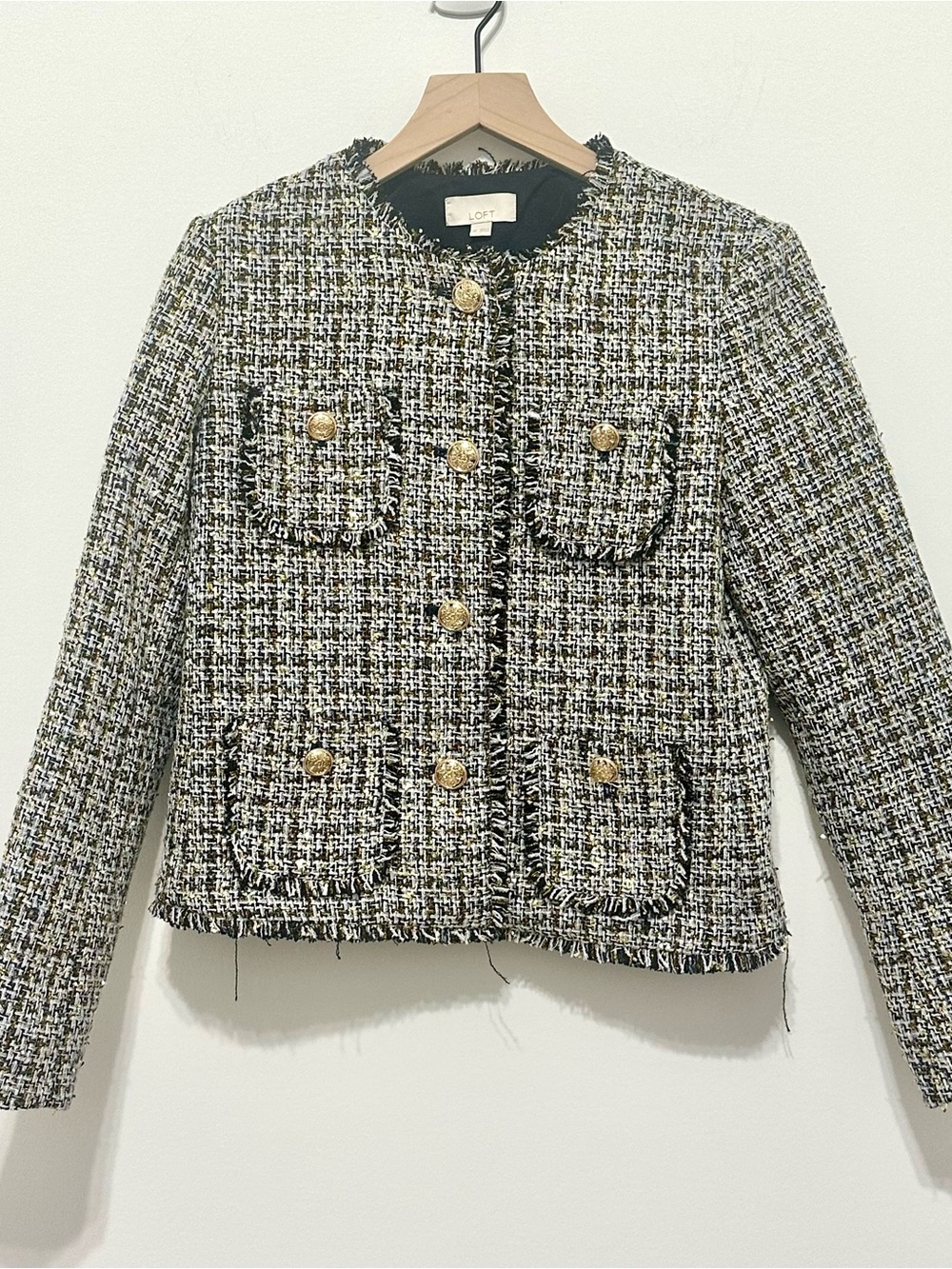 NWOT | LOFT | Navy, White & Gold Tweed Cropped Blazer